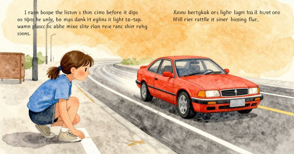 在維修標記旁，Xyla蹲低、膝蓋貼著白色膠帶線；小車在上坡前尖細的馬達聲升高、再微微下沉，傾斜彎道傳來輕輕的敲擊與外殼顫動，暖塑膠與淡甜橡膠味在燈下飄著。