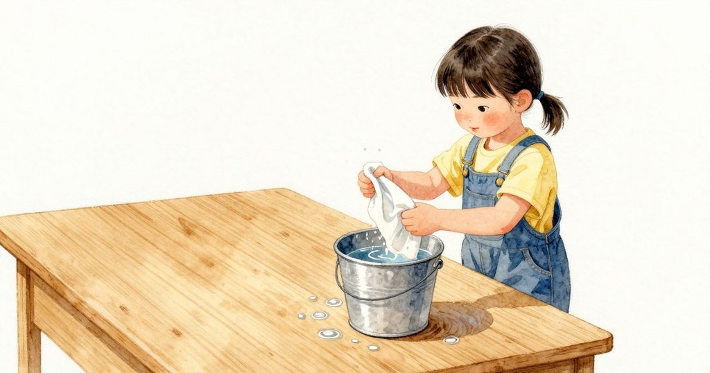 Colette 把濕布用力一絞，水線扭著落回桶裡，細小的波紋一圈圈散開，帶起自來水微微的金屬味與冷石頭的氣息；接著她把幾乎只濕著的布在被太陽暖過的桌面斜著擦過，先把灰攫住不讓它成糊，木紋在濕痕退去時變得乾淨而安靜。