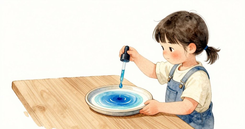 我看著 Sara 把滴管點進藍色，圓圓的一滴落在水面展開成發亮的圈，另一圈在旁邊輕輕滑開。藍色在中心較深，邊緣漸淡，木邊貼在她手下，日光在水面微微顫動。