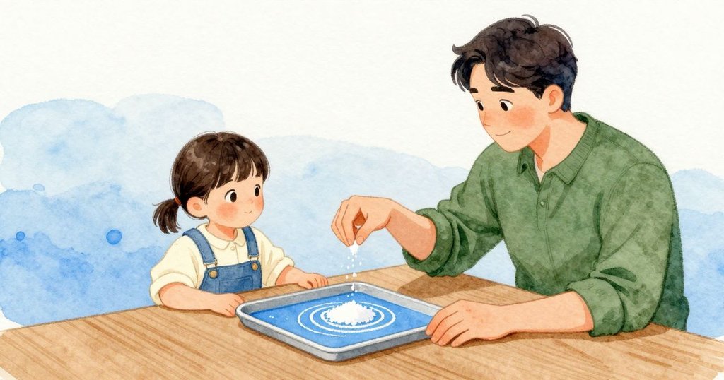 我看見 Sara 指尖捏著一撮鹽灑在藍色一角，細鹽落下後推開一圈圈淡薄的圓。Hugo 以手肘靠在桌邊安靜地看著，木頭托住盤緣，光線均勻而柔和。