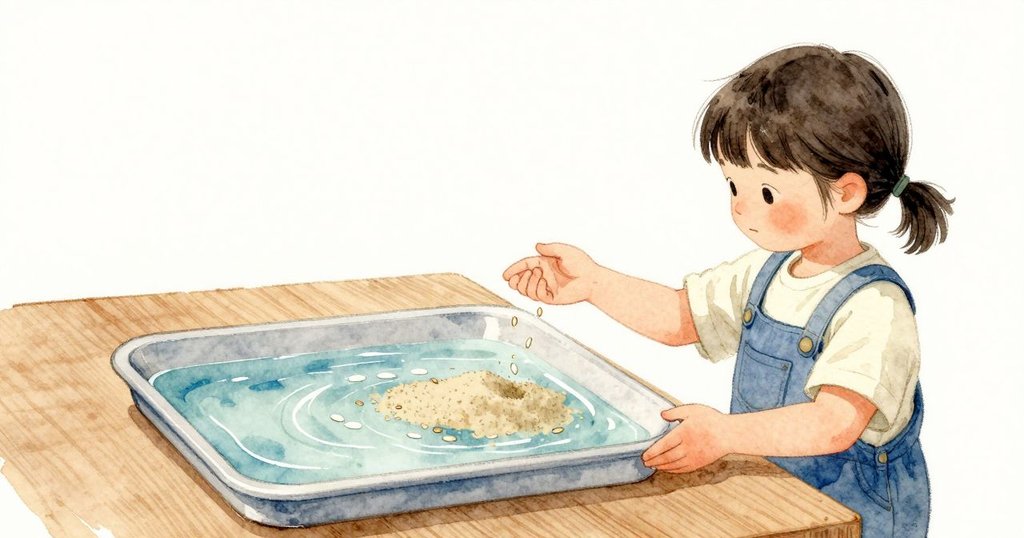我看著 Sara 放下三粒米，短暫停留後慢慢下沉，在水面留下幾個淡淡的橢圓。細沙隨後落下，先成一小堆又緩緩散開，藍色在周圍輕輕彎曲，日光安靜鋪在木邊上。