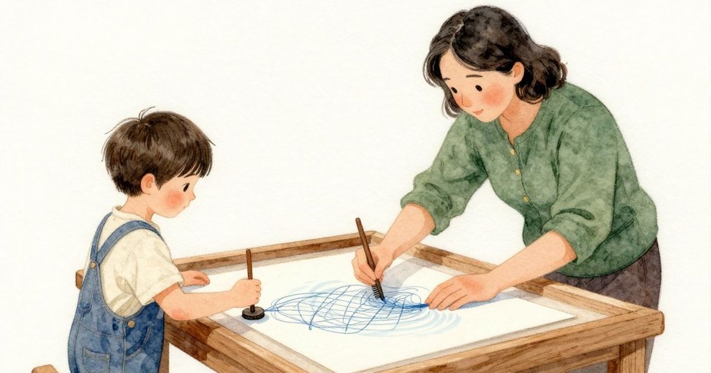 我看著 Sara 用梳子溫柔劃過水面，色帶交織成細線。Hugo 把紙交到她手裡並扶住她的手腕，他們一起把紙放下並沿邊輕壓。小線軸輕碰過水盤後停在邊上，小小的沙堆散入花紋，光線溫和不動。