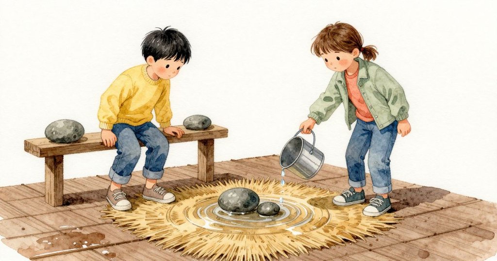 前兩顆小石在桶沿上微微換了角度後安定下來；Rhea 用鼻子吐出一口氣，手指輕搭在欄杆上。又一滴水從桶沿滑下，落到擴散的水圈上，讓那道深色再加深一層。