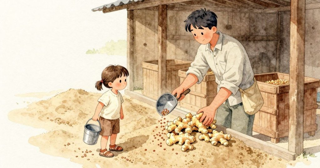穀物攤前，攤主把新鮮薑的底端埋進乾沙裡，又抬起一把錫勺。一撮小扁豆從勺邊滑落，散開在腳邊的塵土上。Kay和Everett從攤位旁經過。