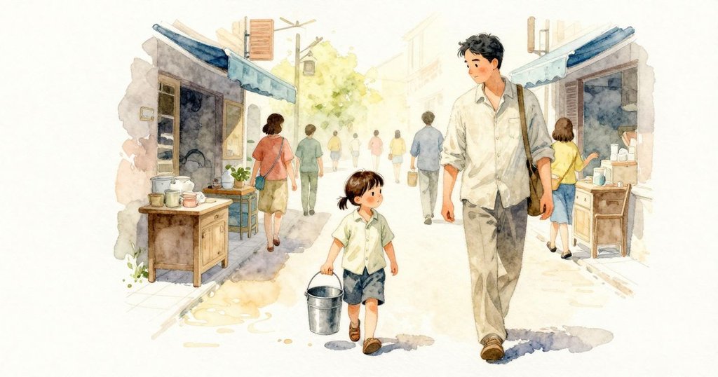 人潮在巷道裡持續流動，前方的廣場隨著每一步忽開忽合。Kay把鐵桶稍微提高，鐵環輕輕碰了一下桶沿，發出一聲細響。Everett仍在旁邊，兩人朝較亮的空地走去。