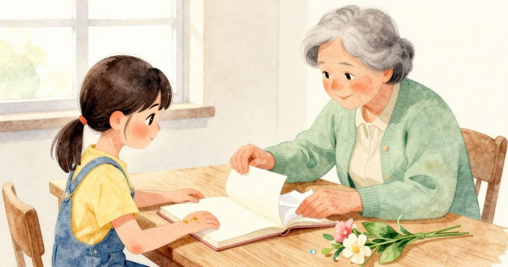 打開的厚書攤在溫暖的木桌上，Delia 以雙手托著上層壓紙，祖母坐在對面，手肘旁放著一張對折的紙巾；剛採來的小束花在一側，花瓣尖端掛著一滴清水，室內柔和的日光讓紙面和桌面顯得安靜而明亮。