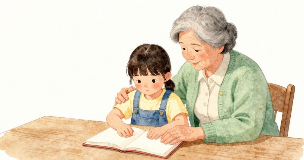 祖母傾身給了 Delia 一個短短的側向擁抱，收緊又放鬆；Delia 仍以一隻手掌按著壓紙讓它平貼在打開的厚書上。桌面溫暖，光線柔和，兩人並肩而坐的安定感停在此刻。