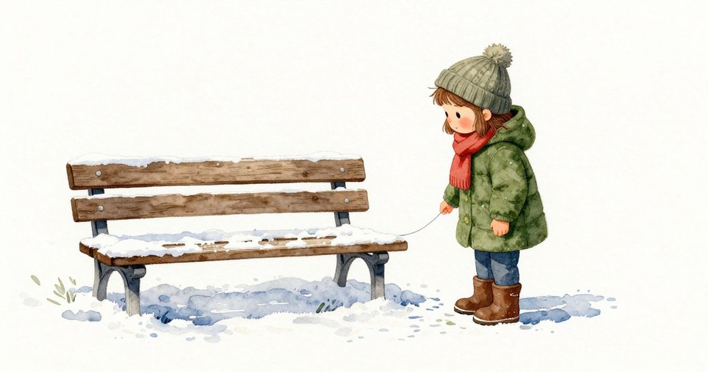 雪的細線在長凳旁轉彎。Josie的靴子沉入柔軟的邊緣，她踩進剛留下的足印，細線漸漸散去，最後停住。
