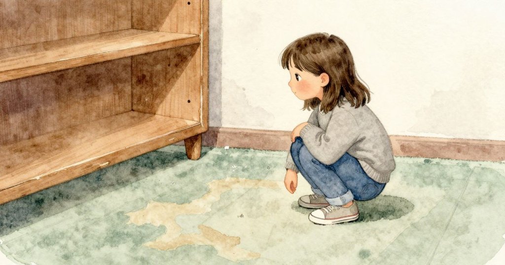 Blythe蹲在書架旁的小縫邊，膝下是一塊較舊、摸起來更平順的地毯方塊。幾點灰塵在靜靜的空氣裡轉了一下又要落下，木頭邊緣顯出被摸過的溫潤。室內光線柔和，地毯纖維被她的重量壓出痕跡。