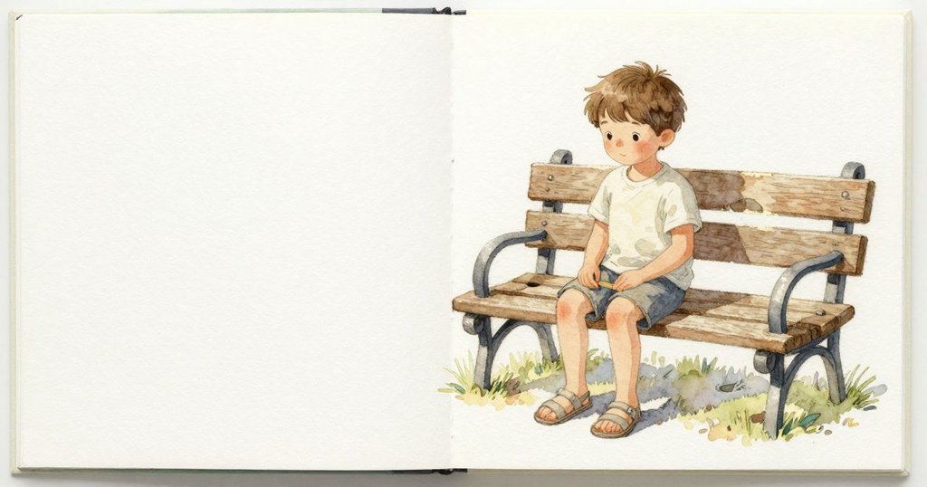 白頁落回書中不動,我的視線回到扶手。漆邊以微小的喀聲翹起,粗糙邊緣露出一條新鮮淺色的木紋;結疤邊緣仍是暗圈,晨光掠過捲邊與細紋。
