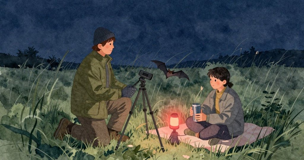在夏夜的草地邊，一隻小蝙蝠以俐落的弧線掠過較高的草莖；Larkin跪在腳架旁留心追視，赤紅的微光在他和Cedric膝前的草面印出一圈溫暖；Cedric坐在毯子上，雙手抱著保溫杯；遠處田野沉在幾近全黑的夜色裡，蟲聲細薄、赤光柔和。