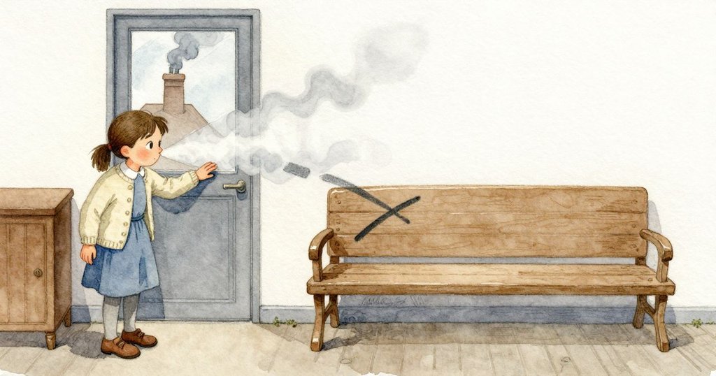 敘述者感到一股涼風沿平台滑入門內,Nessa 膝上的紙角被掀起,鉛筆線突然橫跳成一條深色痕。窗外煙囪的煙同時被壓平,迅速掠過窗面。Nessa 用手掌按住紙,注視那道新出現的深色線。