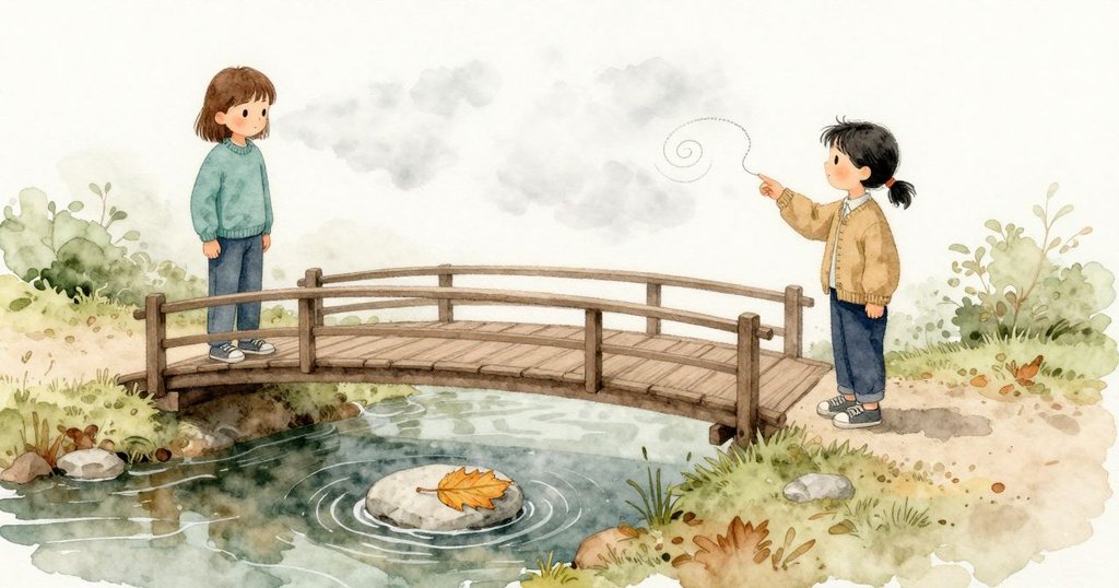 Lyra輕輕向玻璃哈氣，在霧面上畫出一個螺旋，又用指關節沿著邊緣添了一條更細的線。她們停在橋面最高處，兩岸距離相等。橋下，一片葉子被緩慢的水流捲住，在石頭旁旋起一個小小的渦，無聲地轉動。