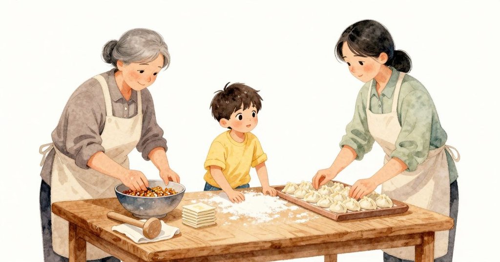 在溫暖的廚房裡，Zander 靠在木桌邊，堆好的薄皮在他手邊。祖母在深碗上方穩穩地工作，帶著胡椒暖意的餡料在碗內。阿姨把收口好的水餃直立放上寬托盤。桌邊一塊摺好的布上放著手動打蛋器，木紋與薄粉的麵粉在下午的金色光線裡穩穩地待著。