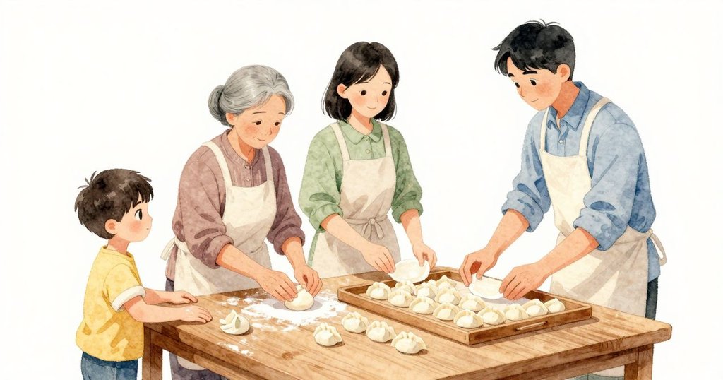 翹起的邊緣重新貼平，淡淡的麵粉光環安安靜靜。祖母把小團餡放在中央，指尖快速而穩地捏合邊口。寬托盤上空出的位子多了一顆直立的新水餃，房間在晚些的暖光裡沈穩。