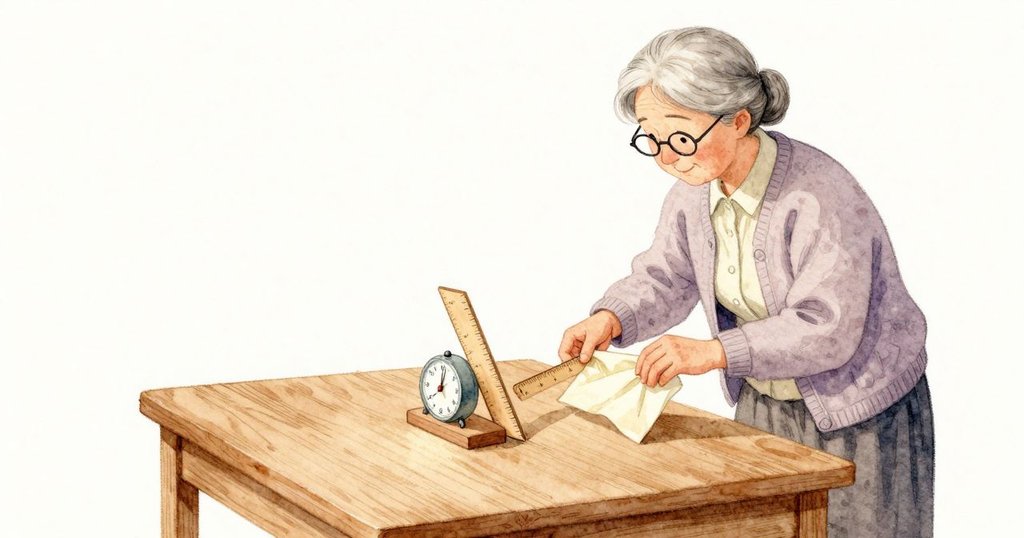 孩子的手肘輕碰木尺，木尺滑動一小段並頂到書籤，書籤順勢往前滑，邊緣覆在較小那個沙漏的木座上。祖母把一方小餐巾拿起又輕柔地重新對摺，空氣安穩，桌面平靜。