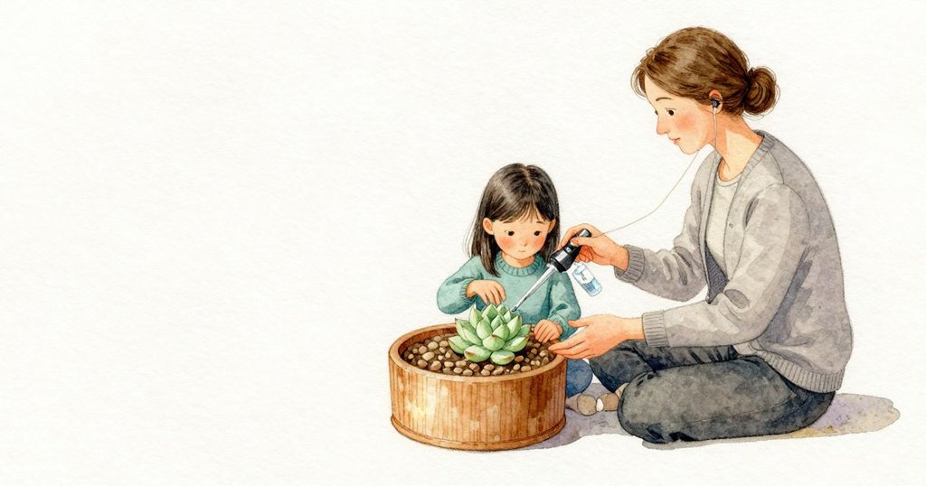 Gwen挪得更近，乾燥的空氣把她兩縷髮絲微微拂起。Alma拿起細滴管，從瓶中吸入適量，手腕在鋪著小石子的多肉上方穩住；滴珠尚未落下，視線先回到木面那塊磨亮的橢圓，亮處映到時鐘分針掠過數字間的一瞬。房間安穩，清水停在管尖，植物與小石子耐心等待。