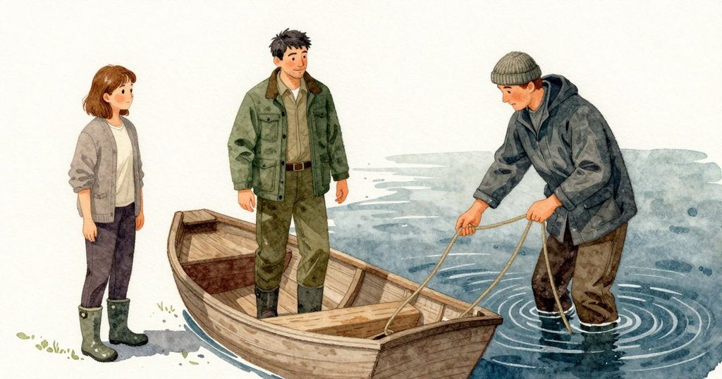 Marnie把手收回、肘臂貼緊,將身體重心移向船中央的木板,幾乎不讓胸口起伏。天花板的光點保持不變,水面卻慢慢鋪開一層近乎靜止的薄膜;她鞋旁開始浮現微弱的亮點,一把、再一把,對應著上方的星團。黑暗像往下壓,只剩船、繩、水和活著的光。