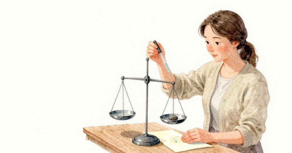 Corinne 用玻璃滴管輕壓橡皮球取樣,天平臂微微晃過後安靜下來;清亮的一滴落在米色紙條,像淡淡光圈向外擴散,指針在柔和室光中穩住。