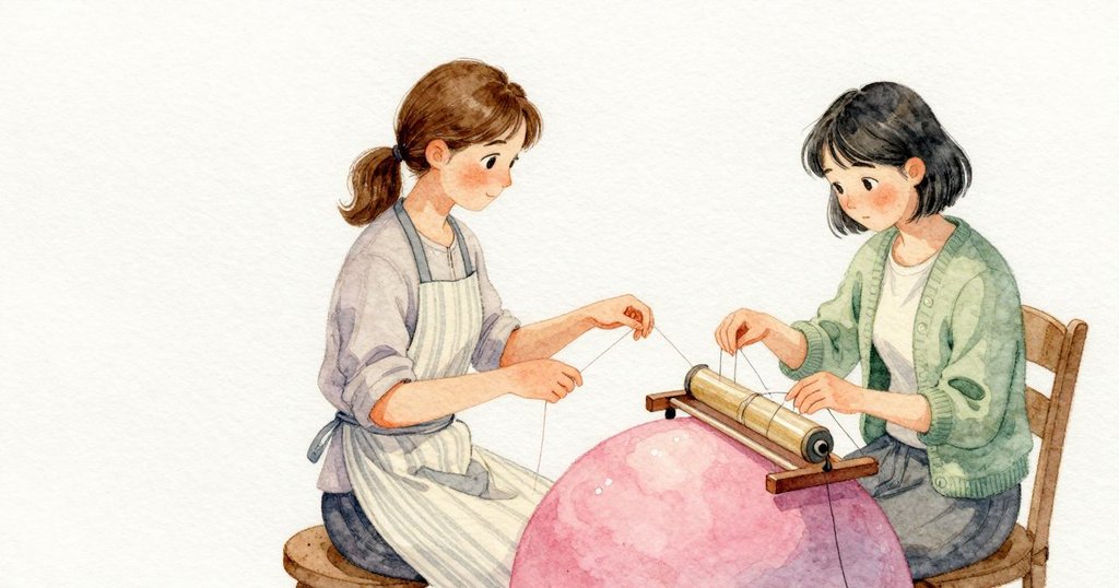 Katia 微調紙錐的角度，手腕畫出更乾淨更寬的圓去接上更快的糖絲；Sian 在一旁靜看。磁性夾輕顫，碰了上漆的鋼板一下。最後幾道線落定，Katia 試觸鬆邊，一整縷幾乎無重的絲在她皮膚上升起，拇指上黏著亮亮的甜線。