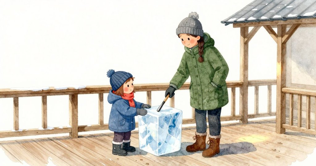 在冬日庭院的棚架下,Ella 戴著手套握住圓潤的鑿子把手,清澈的冰塊在平台上閃著淡光;Rhea 夾著木槌站在一旁安靜看著,木板有溼痕,空氣帶著冷冽金屬味與柔和的銀色日光。