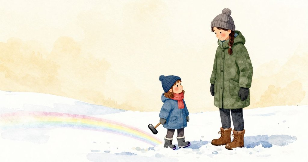 回到冰塊旁,淡淡的彩虹落在平台邊的雪上;Rhea 放下木槌微笑,Ella 退後一步在濕雪環上踩出腳印,瞬間被彩色灌滿,腳趾帶紫、腳跟映黃;她再輕掃一下曲線,讓鑿子靜靜橫躺在掌心,光線逐漸變淡。