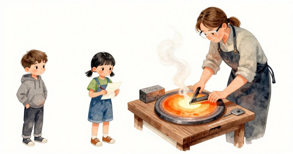 玻璃工把炙熱的玻璃放在馬弗鋼台上，鋼面奪走一條熱痕，淡淡的帶出一條亮帶。濕木塊托住弧面時冒起白霧，留下打平的一小片面。Wyatt前傾後又坐回，工具在鋼面上發出輕盈油潤的碰聲。