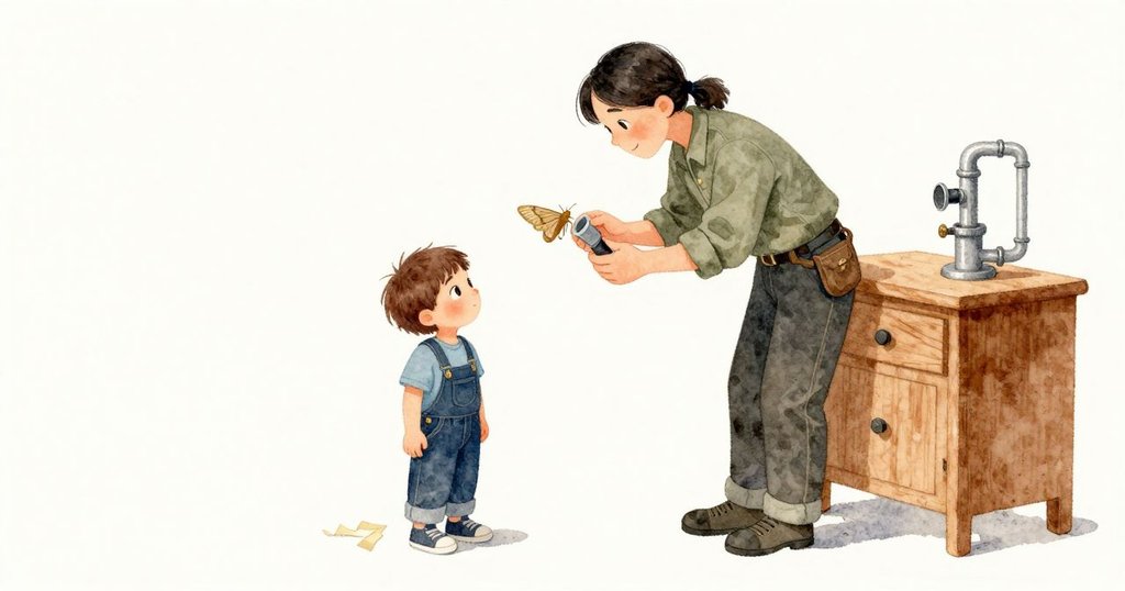 Nell 稍微向蛾子靠近,注視牠翅緣細微的顫動,那些顫動描出上升氣柱。Janet 輕輕取下毛氈,俐落地旋正那支管子,伴著一聲令人滿意的小響,微弱的顫音消失。金屬貼合穩當,氣流回到平順上升,蛾子像被溫暖空氣托住一樣停在原處。