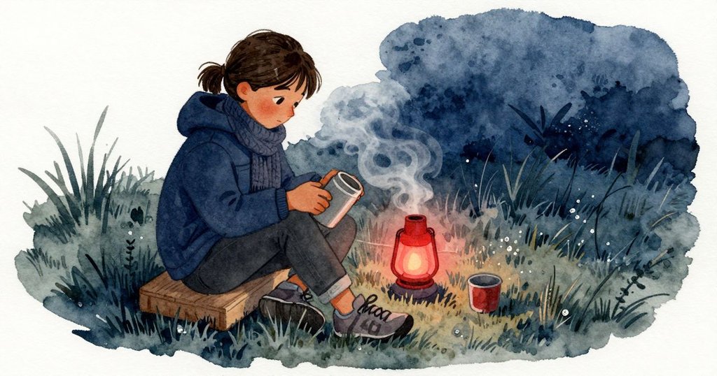 Yasmin 用膝上一下下的輕點計秒，心裡估著兩分鐘能讓星點保持渾圓、地面仍然黯黑。保溫壺打開時吐出輕柔的吸附聲與白色蒸氣；她倒好，把一只杯子擺在腳邊，另一只重新鎖緊。曝光進行間，她呼吸穩定；防水布邊緣結起細露珠，紅燈收暗成更安全的微光。