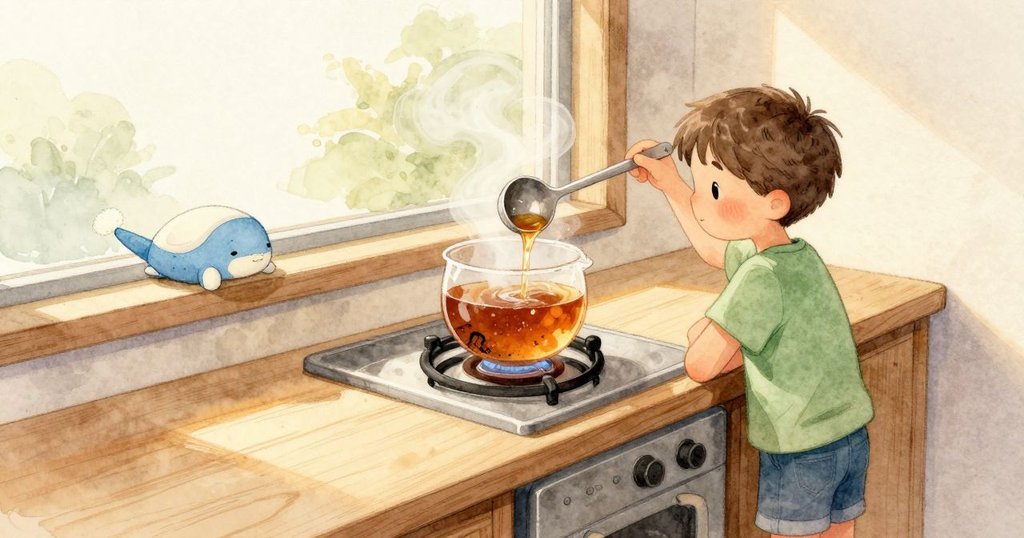 爐上小鍋輕輕作響，茶色湯面起細小氣泡，一片捲曲的樹皮慢慢漂過；杓子半浸在茶湯裡，因細屑而顯得深色，邊緣閃著窗光的一道亮紋。窗邊放著一架泡棉滑翔機，機鼻磨成粉白。Finn 雙腕交疊靠在流理台，蒸氣在他臉上劃出淡痕。午後的陽光斜進來，讓每道蒸氣短暫顯影後又溶進房間。