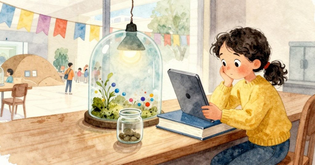 Hattie 把平板靠在一本厚重的書上，無聲的畫面顯示明亮的車站大廳，有桌子、紙板山丘與懸掛的布條；透明半球在畫面中起霧。移動的光色在玻璃瓶弧面上閃動，平板邊緣貼著書的硬封。旁邊的苔蘚瓶仍舊安靜，室內窗光與螢幕的冷光混在一起。