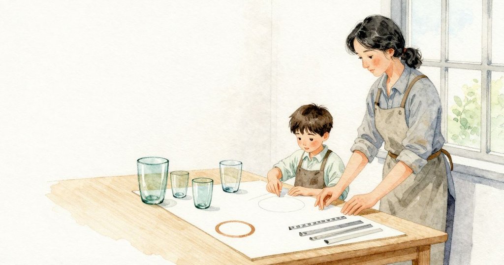 Theo 俐落地把玻片與圖樣上的編號對齊時,Helena 在窗邊指尖輕轉一片小玻璃,讓色澤更清楚浮現。圖樣紙上靠近膠帶處留著一圈淺棕圓痕,像乾涸的茶杯印。桌面井然,光線柔和通透。