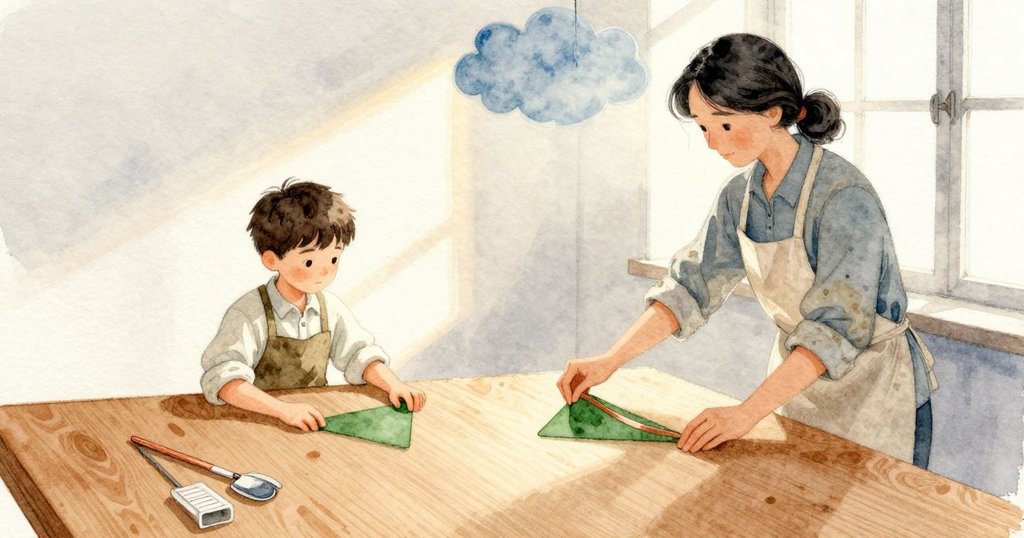 雲遮住陽光,桌面從發亮的鏡面變成安靜的木紋。Theo 把綠色三角玻片立起又慢慢放下,眼睛追著縮小的色塊;Helena 把一條包銅箔的細條沿著弧線輕輕對齊。光線轉冷,邊緣與角落顯得更貼手。