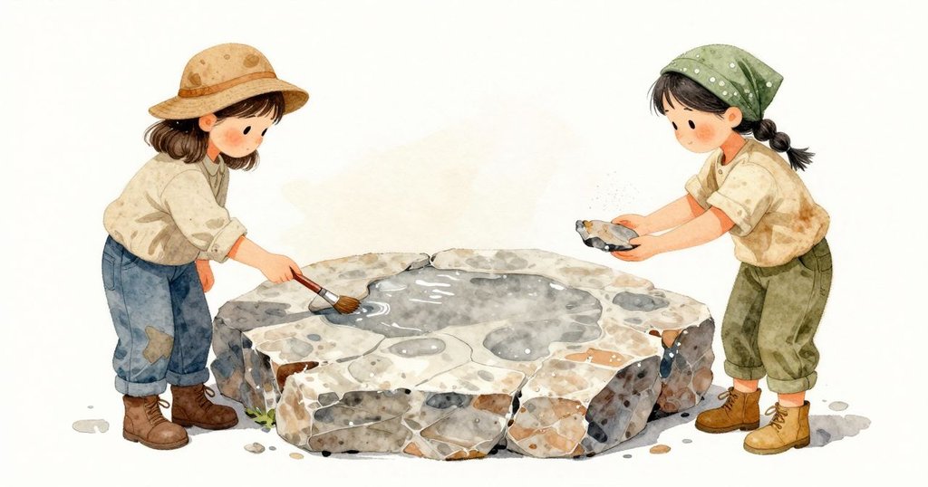敘述者看見 Zadie 從邊緣取下一片薄片,放在掌心掂著,感覺它比圈住中心點的礦物更輕。濕暗與明亮的對換,暗示埋在層理裡的並非先前像葉子的猜想。她的手懸著,改變角度,刷子橫越中心輕輕掠過,只削下一縷極薄的粉羽;水不再在中心積起,而是沿著細縫像小片相接那樣分流。