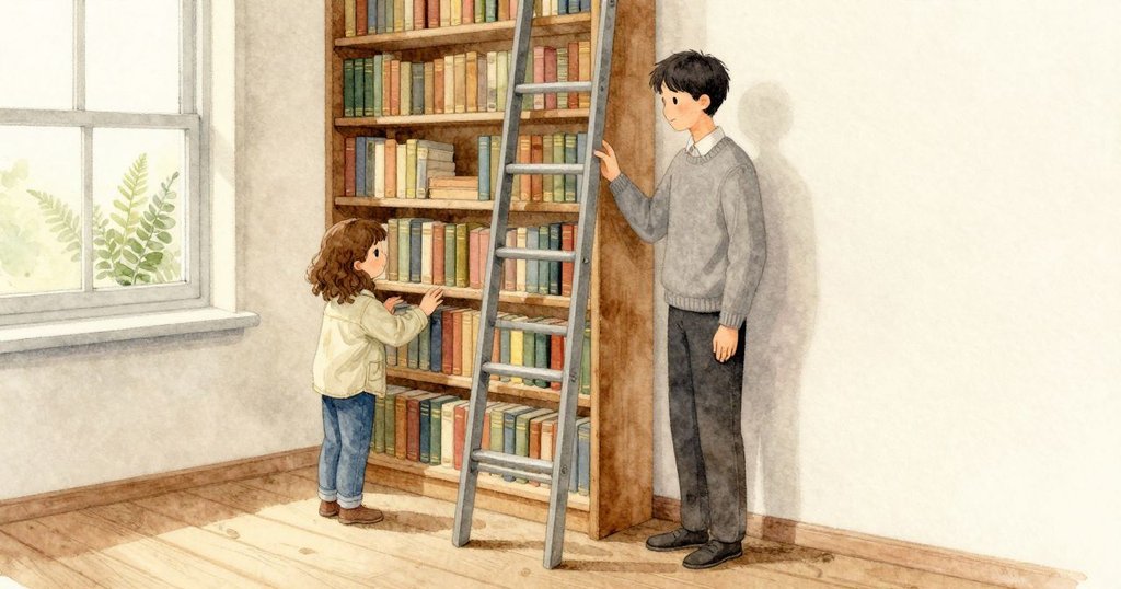 在窗邊高書架前，Grey 走近停在軌道上的梯子，Phoebe 靠旁以手掌輕刷下層書脊；門鈴的餘音像在門口收住，淺淺的日光鋪在鍍金邊與舊書衣的刻痕上，木地板以柔和的回響回應每一步。