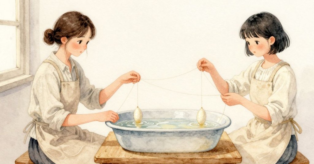 Selene 以拇指與食指輕捏細絲，扭勁立刻鬆散，如氣息多於實體；原來小環是在告訴人，盆中的繭已趨薄如紙。她穩住線，緩緩再轉；Eli 讓第二顆繭輕漂過來，清水依舊安靜。