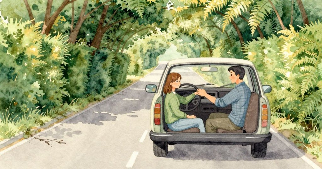 Mabel與Rafe坐在行進中的小車裡，車子在綠色樹冠形成的隧道中緩慢前行；Rafe握著方向盤，Mabel的手感到路面隆起傳來的輕輕敲擊，陽光斑駁地在擋風玻璃與手背上忽明忽暗。