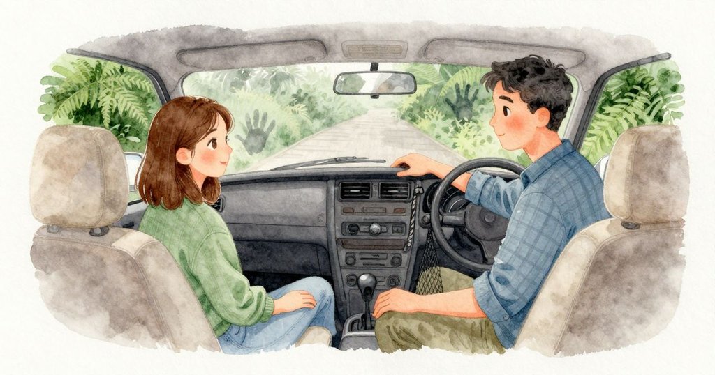 車停進木棧道旁的小停車灣，發動機的滴答聲漸歇時，Rafe正拿起網袋與小鏡；窗縫又輕滑一線，擋風玻璃忽然起霧，一枚乾淨的手印從白霧裡浮現，紋路清楚不被霧氣覆蓋。