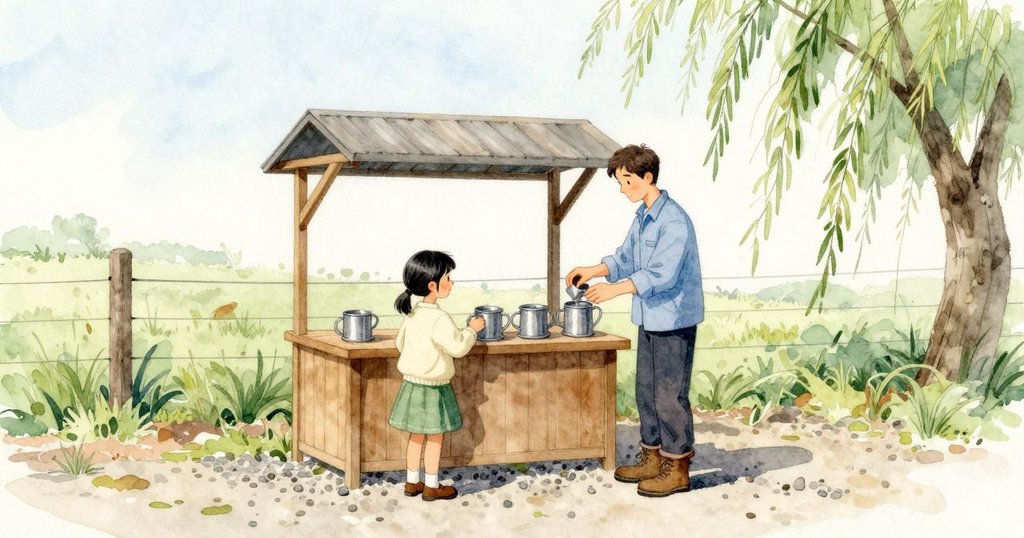 風向儀的三個杯子在陽光下飛快轉動,旁邊的小計數器規律地咔嗒作響。Ives在近處專注看著,Stella在百葉庇護箱邊抬起手,掠過的影子讓杯子多出一聲輕響。籬笆外一株柳樹斜倚在短草上,正午的白光把院子照得平平穩穩。