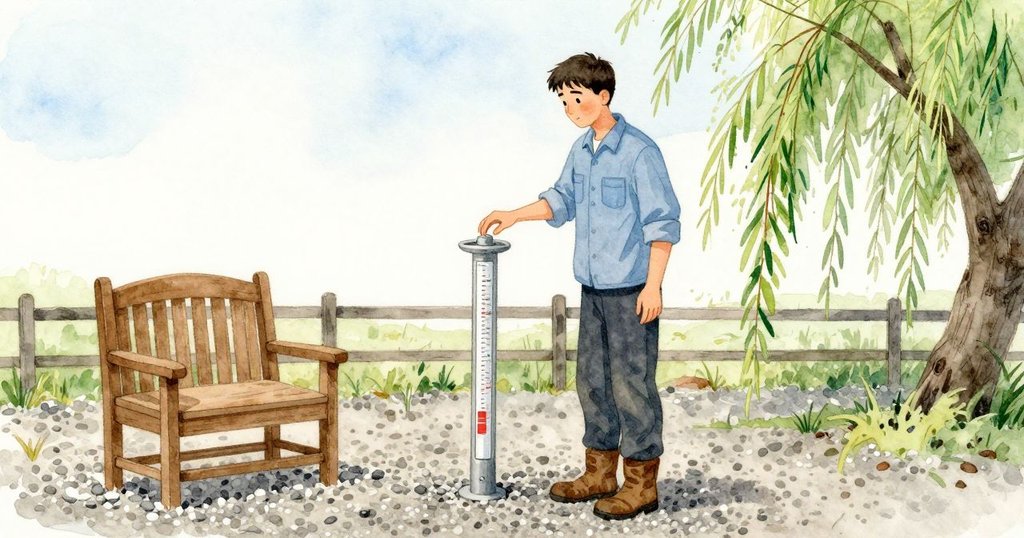 一陣零碎的敲擊把Ives引到木樁旁的雨量筒。他以兩指貼住金屬邊緣辨節奏,又聽到一聲乾脆的輕碰,一撮柳絮貼到他的指節。他捏起絨絮拿開,敲擊立刻止息,只剩院子裡風杯輕輕喀啦作響。