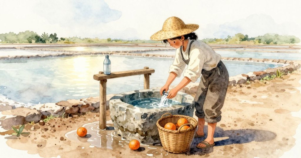在洗鹽的地方,Xanthe 把籃子靠在熟悉的石盆邊,她的長袖保持乾爽,手腕在冷冽的泉水下微微泛紅;淺盤的強光反上來,泥土仍存著午後的溫熱,水壺安靜地在架上等著。