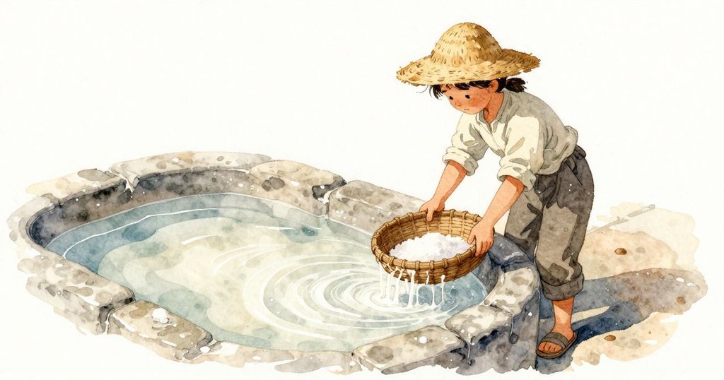 Xanthe 在石盆邊輕提盛鹽的籃子,第一下攪動使水立刻混濁;濕鹽像海綿般結成團,細鹽從編縫悄悄滲回乳白的水中,只聽見柔軟的沙沙聲。