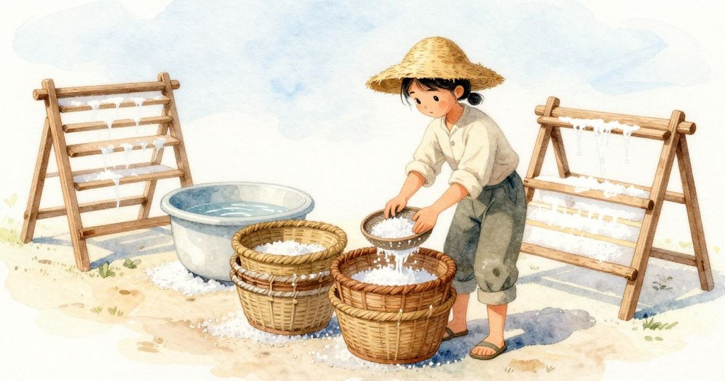 回到洗鹽處,兩疊籃子等著;一個編得更緊、邊緣更滑。Xanthe 把粗鹽留在舊籃,把細鹽倒進緊編的籃子,短短浸洗就清澈,薄薄一層攤在兩個晒架上。