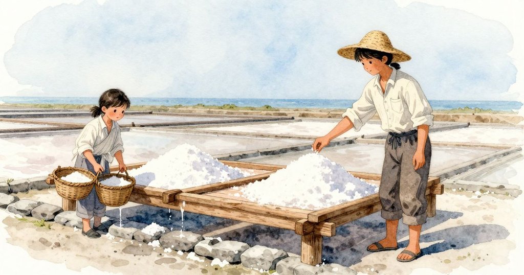 Cole 站在晒架旁,指尖各搓一撮點頭示意;Xanthe 把兩個籃子提到框上,讓最後的水滴落在石面上發亮,海風掠過她的袖口,晶粒安靜沉定,她一拉就把表面抹得平整。