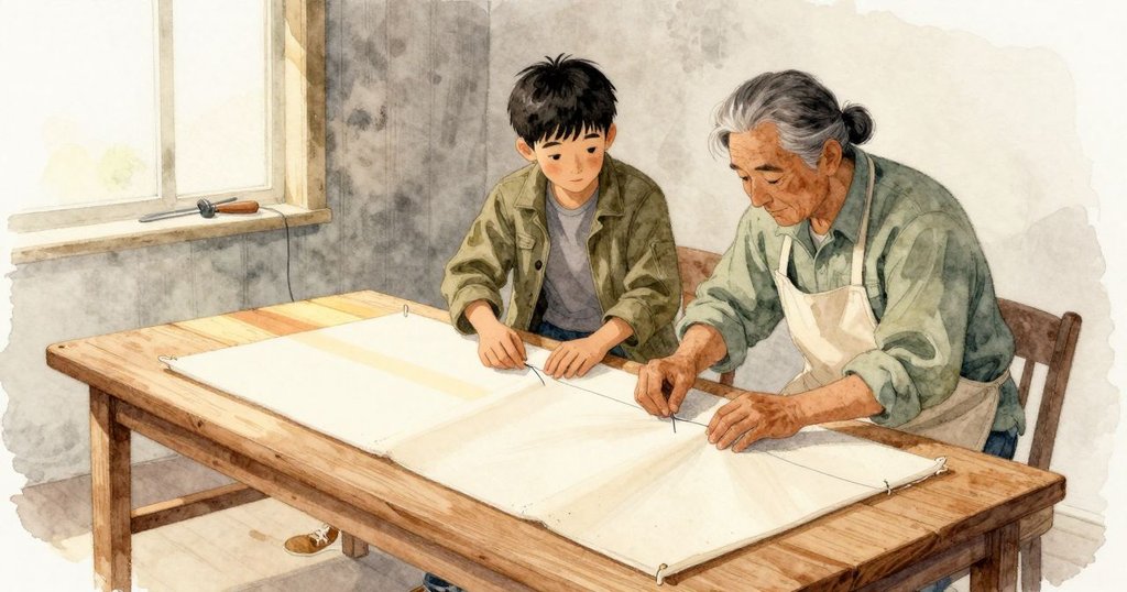 在工具棚裡,縫線曾偏出,Haida在拉線途中停住。Birch吐氣,把雙手平放在桌上,他們以兩個分開的小動作輕輕把布面帶回,針又對上了正確的孔。彎曲服從於節奏而非用力,線跡重新拉直。木凳帶出淡淡樹汁香,錐子的機油在一條陽光細帶裡安靜發亮。