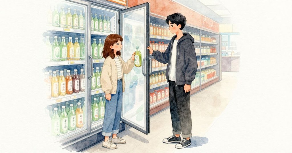 Mae把冷藏門只拉開一小縫,門縫的冷氣掠過她的指節;她伸手提起一瓶茶,光滑瓶身先滑又穩住。後方的導軌讓下一瓶輕滑向前,門邊與層板上帶著細小的冷凝珠。