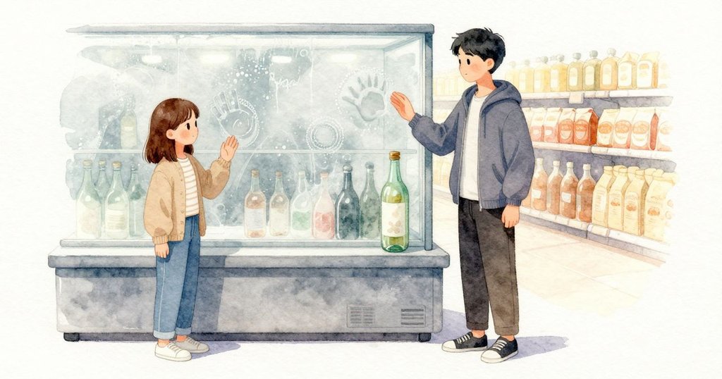 Mae把手掌按在玻璃上又移開,清晰手印逐漸淡去恢復均勻冰涼。她把茶瓶在空出的位置輕放片刻,金屬面上先起淡白薄霧,細小水珠排成細網後融合成一圈清晰水環。她的手在上方停住,提袋的環壓在手腕,熱食的溫暖和瓶身殘存的冷意透過塑膠相遇。