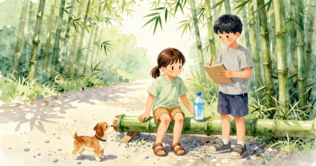 Ursa用一只手把小塑膠瓶貼在倒下的竹節橋上，瓶身透出微微清藍；小狗站在淡色碎石小徑旁豎著耳朵。Dale在一旁輕敲另一根竹竿，左手托著薄卡封面的筆記本，用鉛筆畫下一道短痕。頭頂竹葉被風掀起，綠面忽明忽暗，斑駁日光落在碎石與竹身上。