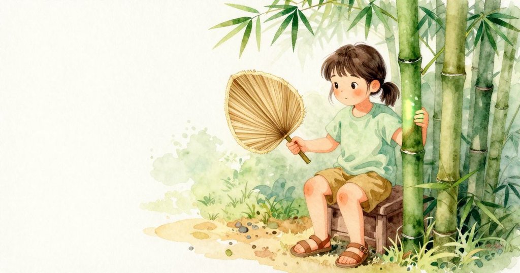 Ursa把一片乾竹鞘在掌間轉動，細密的肋紋像紙扇摺痕般接光；她再以指尖揉拭活竹，彷彿有清新的綠意沿指尖竄起。一道移動的日光帶掠過她的指節，在皮膚與竹身上閃出短暫的翠綠。