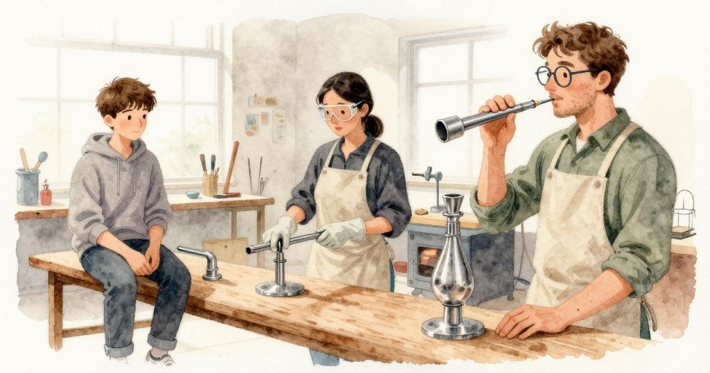 Ivan 在觀眾區拿起空的吹管,將涼涼的吹嘴貼上嘴唇,送出一口小氣。氣息沿著中空的金屬前行,他的胸腔像在默數路徑。金屬帶著微微清水的味道,木製長椅貼著腿,遠處爐火的低聲持續。